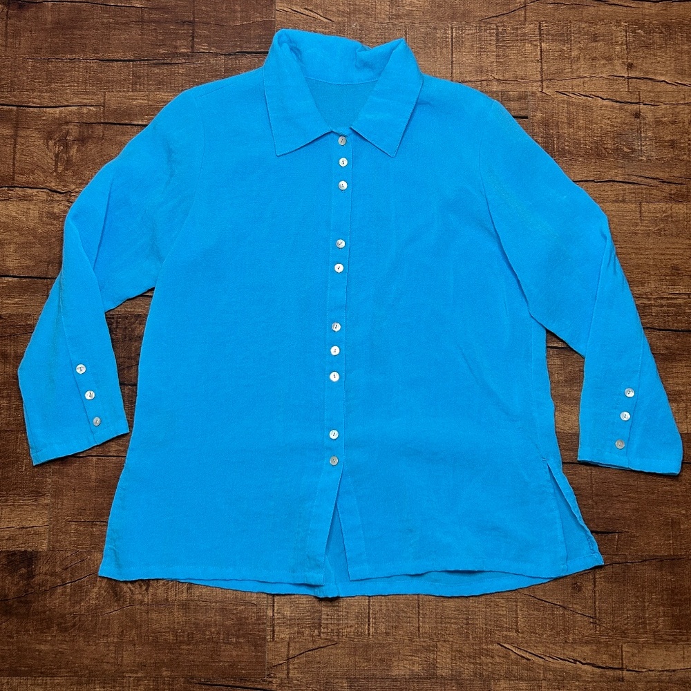 Fridaze Shirt Womens L Blue 100% Linen Long Sleeve Lagenlook Boxy Boho Tunic